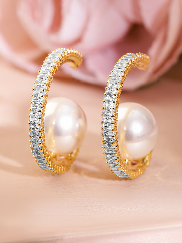 Adorned Pearl & American Diamond Zirconia Golden Hoops