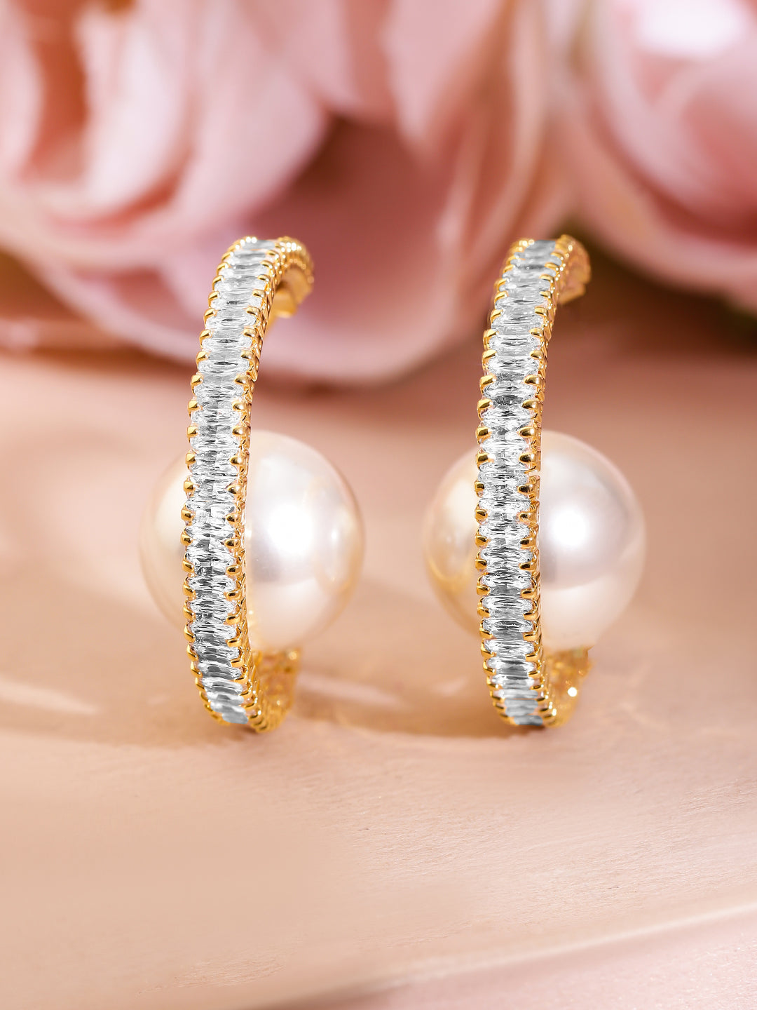 Adorned Pearl & American Diamond Zirconia Golden Hoops