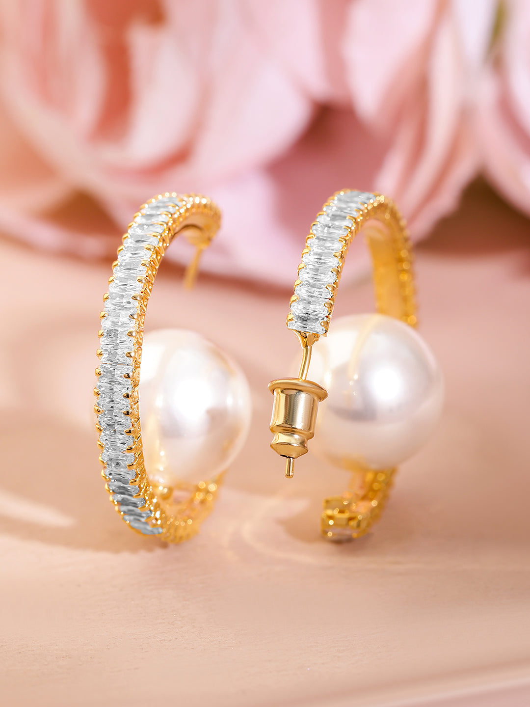 Adorned Pearl & American Diamond Zirconia Golden Hoops