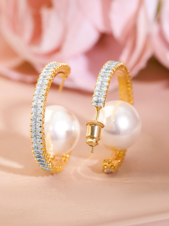 Adorned Pearl & American Diamond Zirconia Golden Hoops