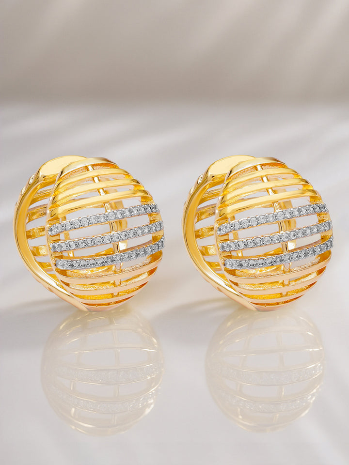 Rubans 18K Gold-Plated White Cubic Zirconia Studded Fan-Shaped Hoop Drop Earrings