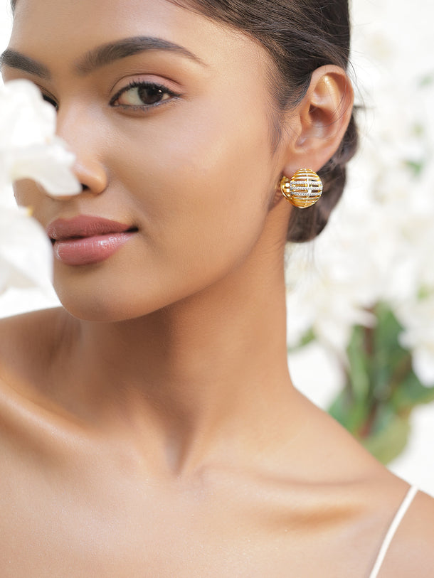 Rubans 18K Gold-Plated White Cubic Zirconia Studded Fan-Shaped Hoop Drop Earrings