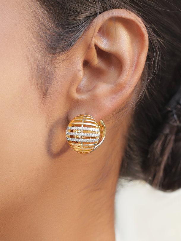 Rubans 18K Gold-Plated White Cubic Zirconia Studded Fan-Shaped Hoop Drop Earrings