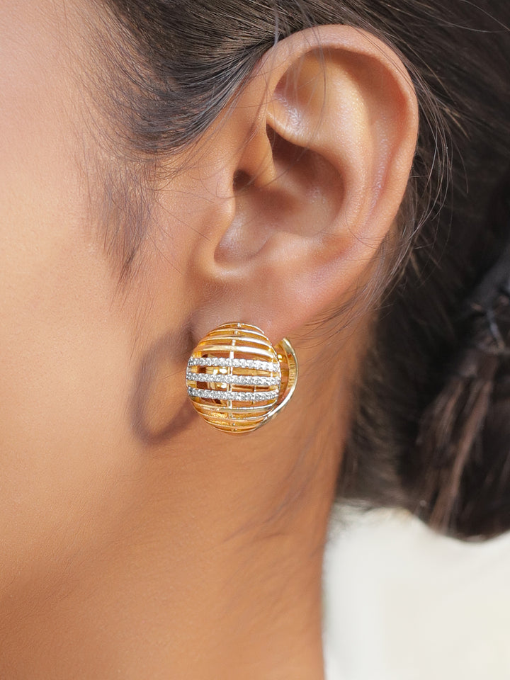 Rubans 18K Gold-Plated White Cubic Zirconia Studded Fan-Shaped Hoop Drop Earrings