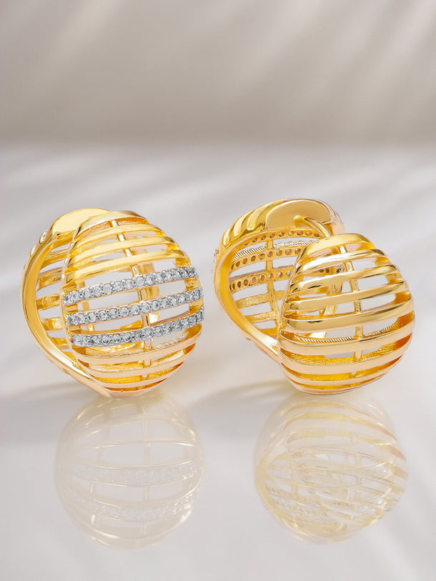 Rubans 18K Gold-Plated White Cubic Zirconia Studded Fan-Shaped Hoop Drop Earrings