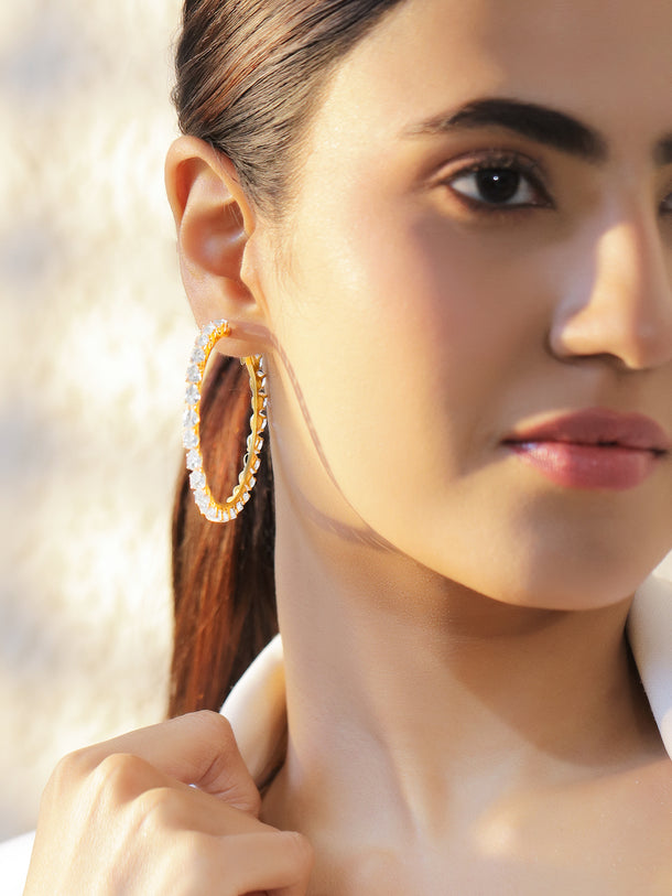 Gold Toned Hoop Earrings With Crystal Work