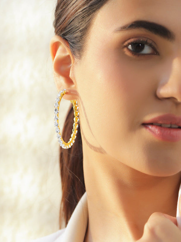 Gold Toned Hoop Earrings With Crystal Work