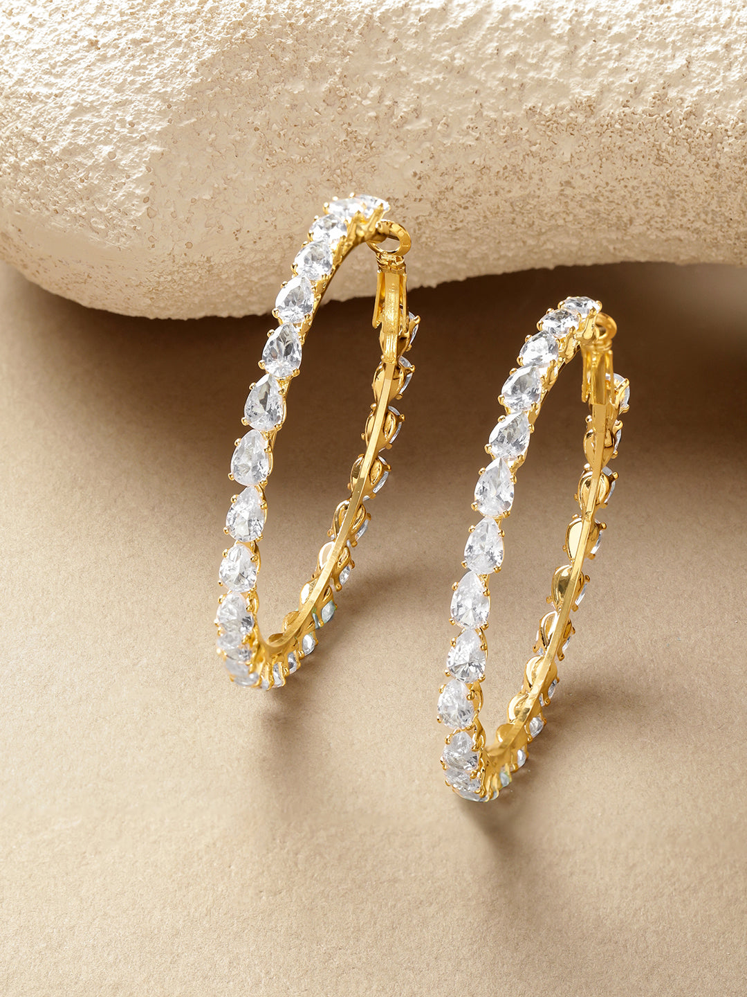 Rubans Voguish 18K Gold-Plated Pear-Cut Cubic Zirconia Crystal Studded Hoop Earrings