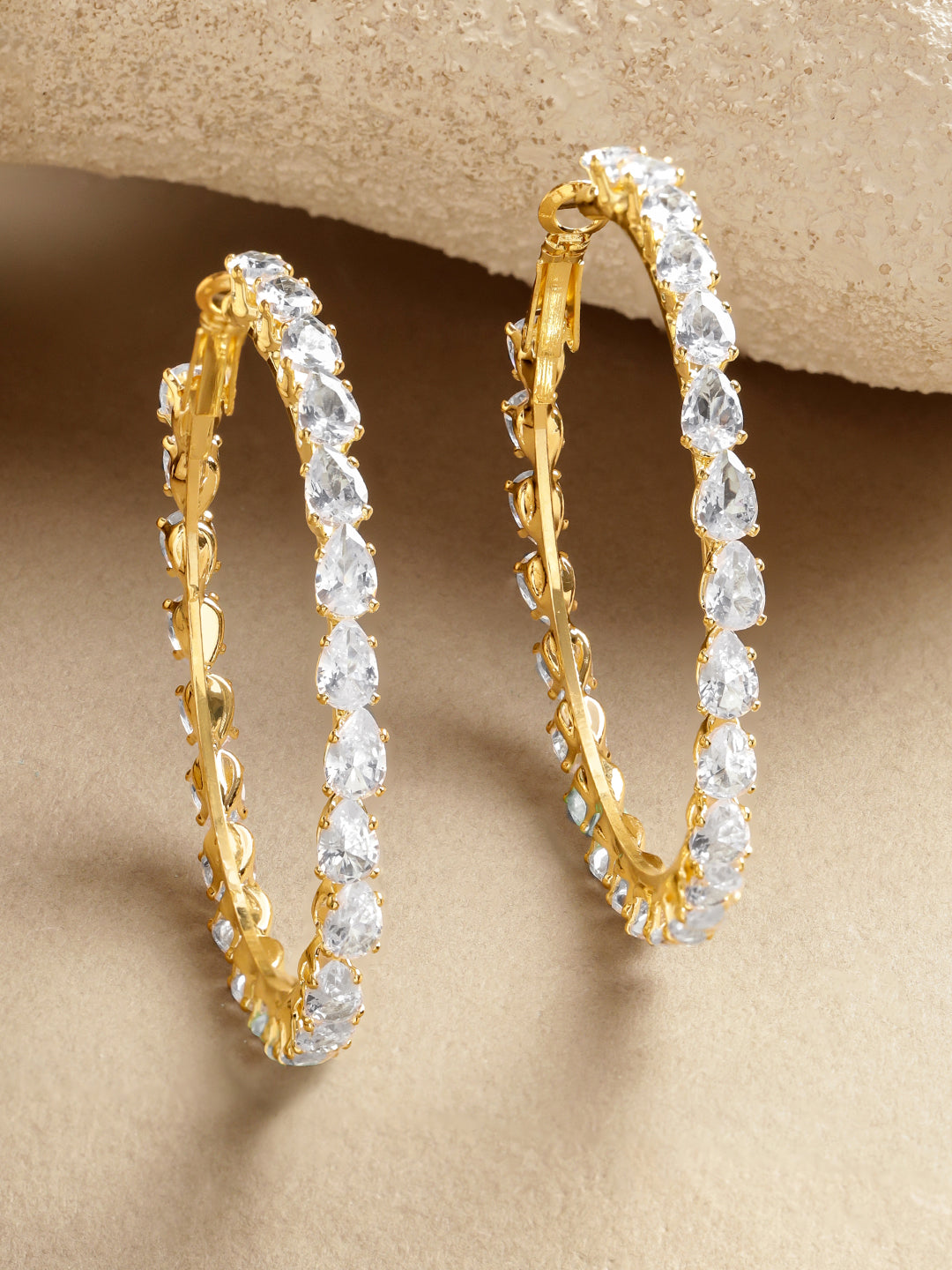 Rubans Voguish 18K Gold-Plated Pear-Cut Cubic Zirconia Crystal Studded Hoop Earrings
