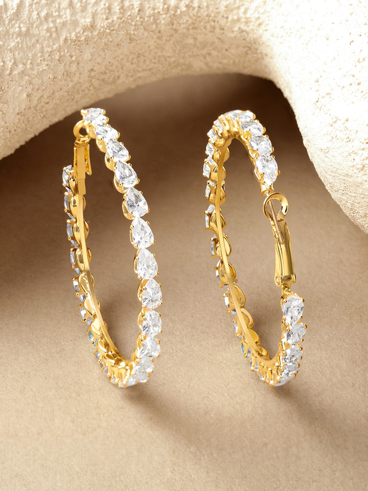 Rubans Voguish 18K Gold-Plated Pear-Cut Cubic Zirconia Crystal Studded Hoop Earrings