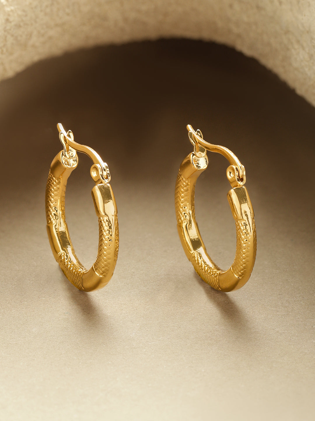 Rubans Voguish 18K Gold-Plated Brass Textured Polished Classic Hoop Earrings