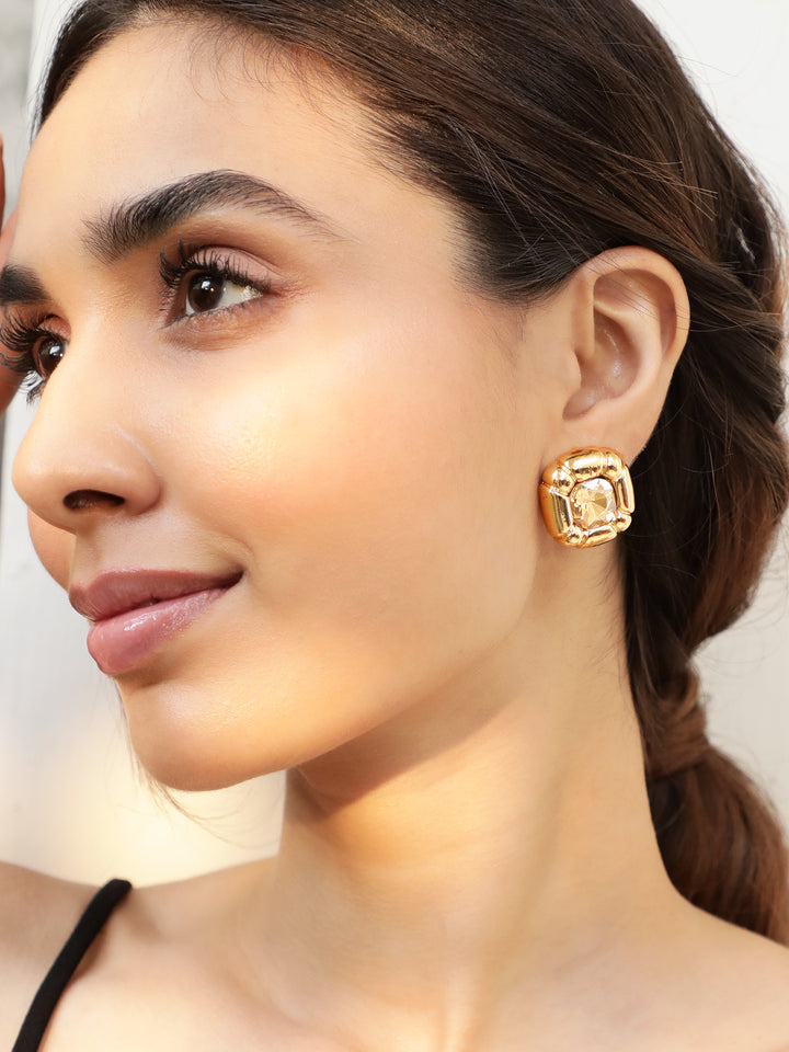 Rubans Voguish Gold-Plated Stone-Studded Square Studs Earrings