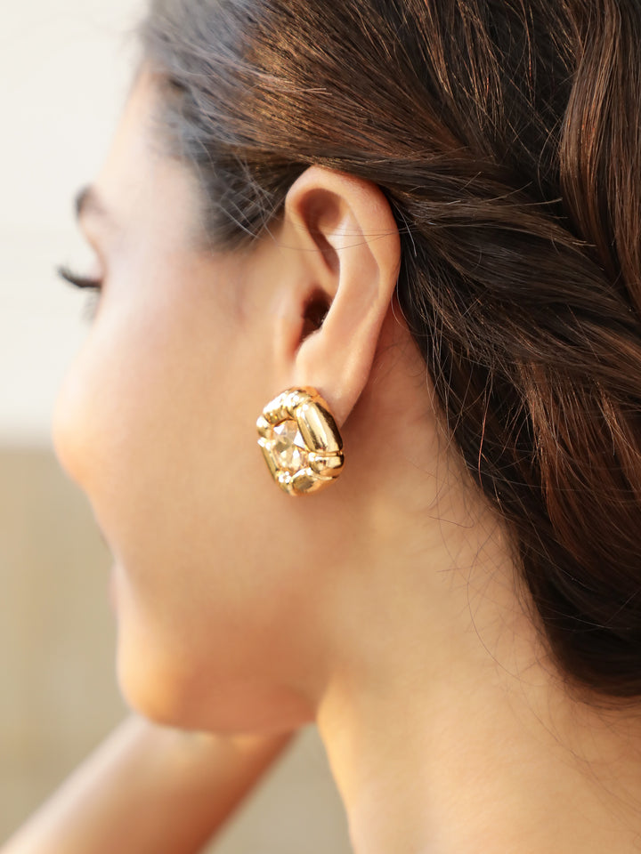 Rubans Voguish Gold-Plated Stone-Studded Square Studs Earrings