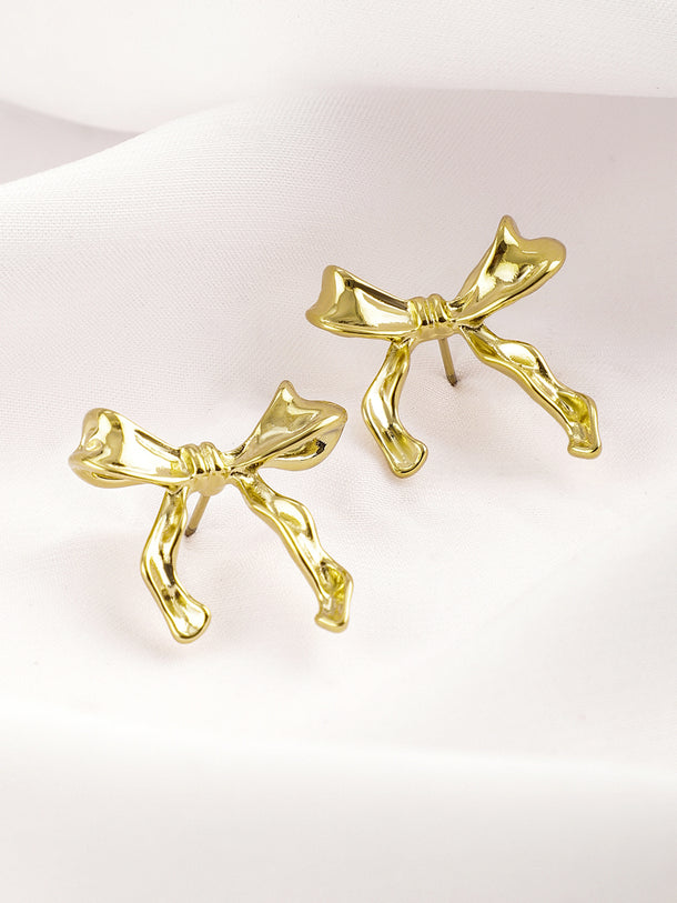 Gold Toned Bow Motif Stud Earrings