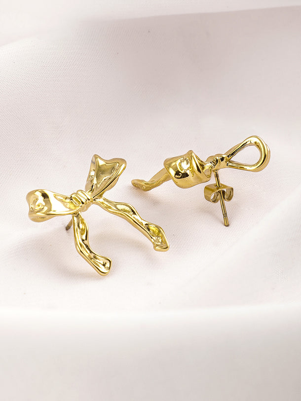 Gold Toned Bow Motif Stud Earrings