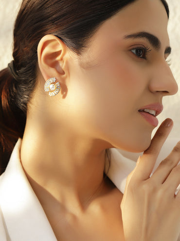 Rubans Voguish 18K Gold-Plated Brass Pearl & Cubic Zirconia-Studded Statement Stud Earrings