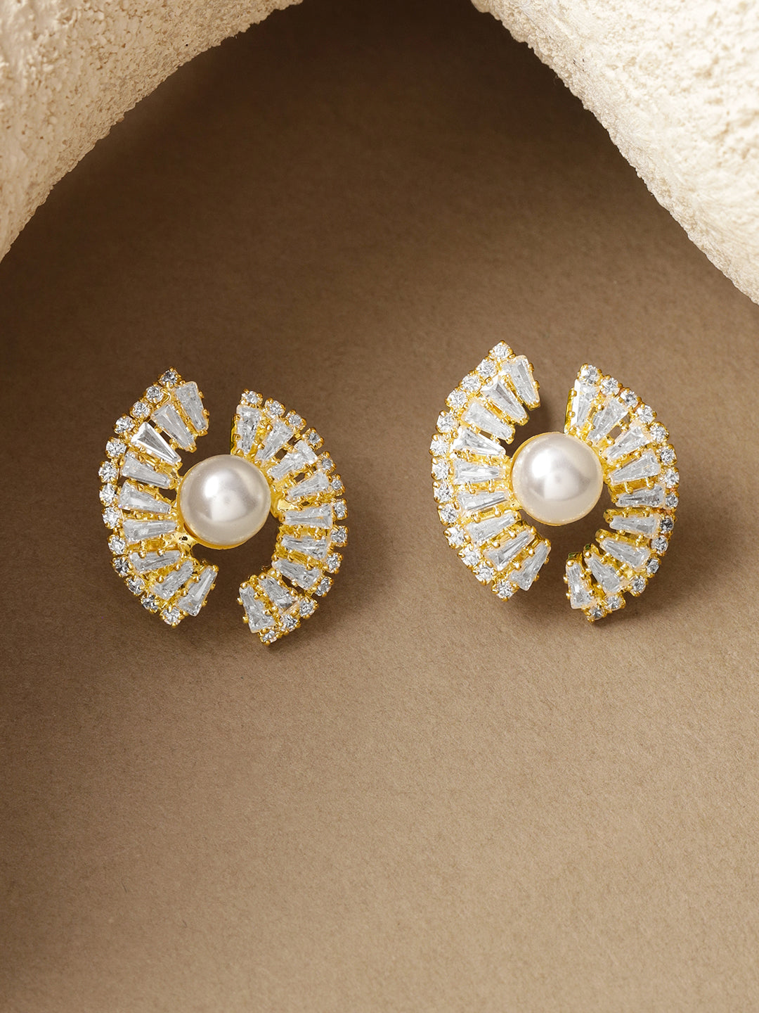 Rubans Voguish 18K Gold-Plated Brass Pearl & Cubic Zirconia-Studded Statement Stud Earrings