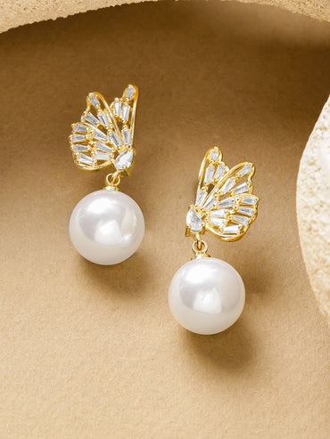 Gold Butterfly Motif Pearl Drop Earrings