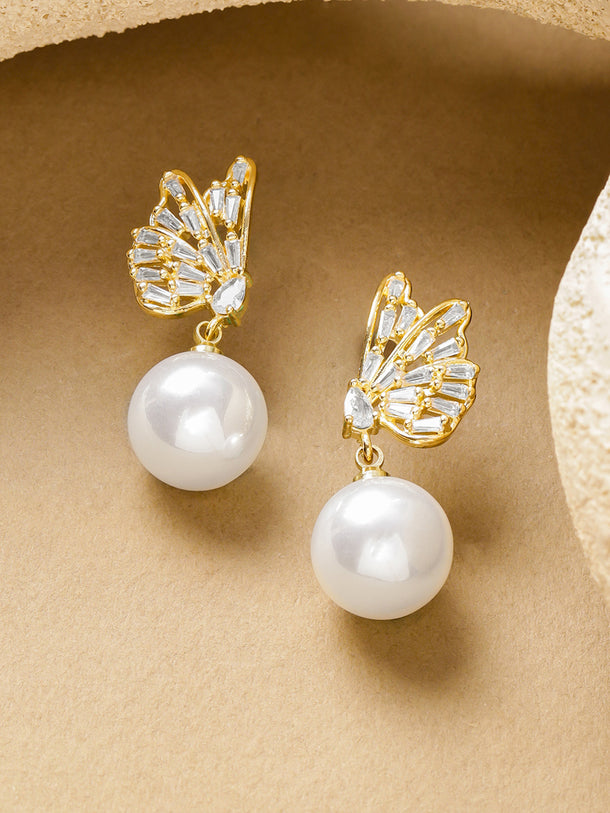 Gold Butterfly Motif Pearl Drop Earrings