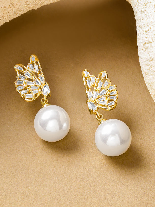 Gold Butterfly Motif Pearl Drop Earrings