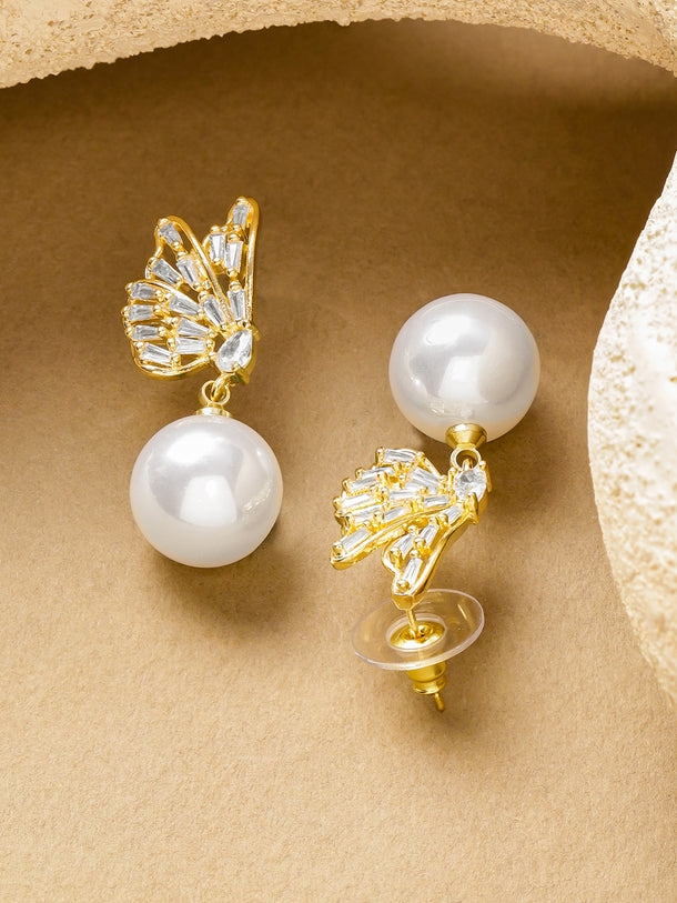 Gold Butterfly Motif Pearl Drop Earrings