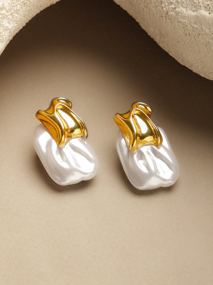 Rubans Voguish 18K Gold-Plated Brass Teardrop Molten Gold & White Pearl Drop Earrings