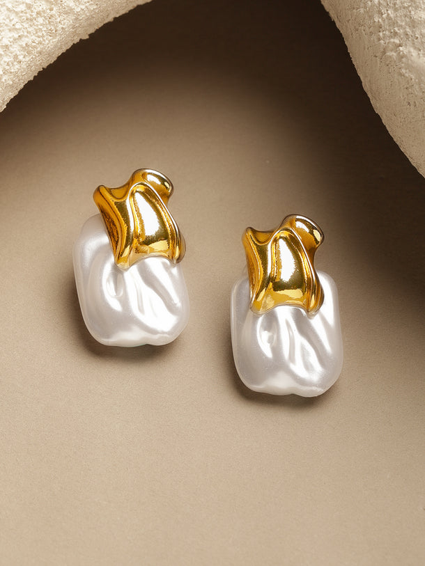 Rubans Voguish 18K Gold-Plated Brass Teardrop Molten Gold & White Pearl Drop Earrings