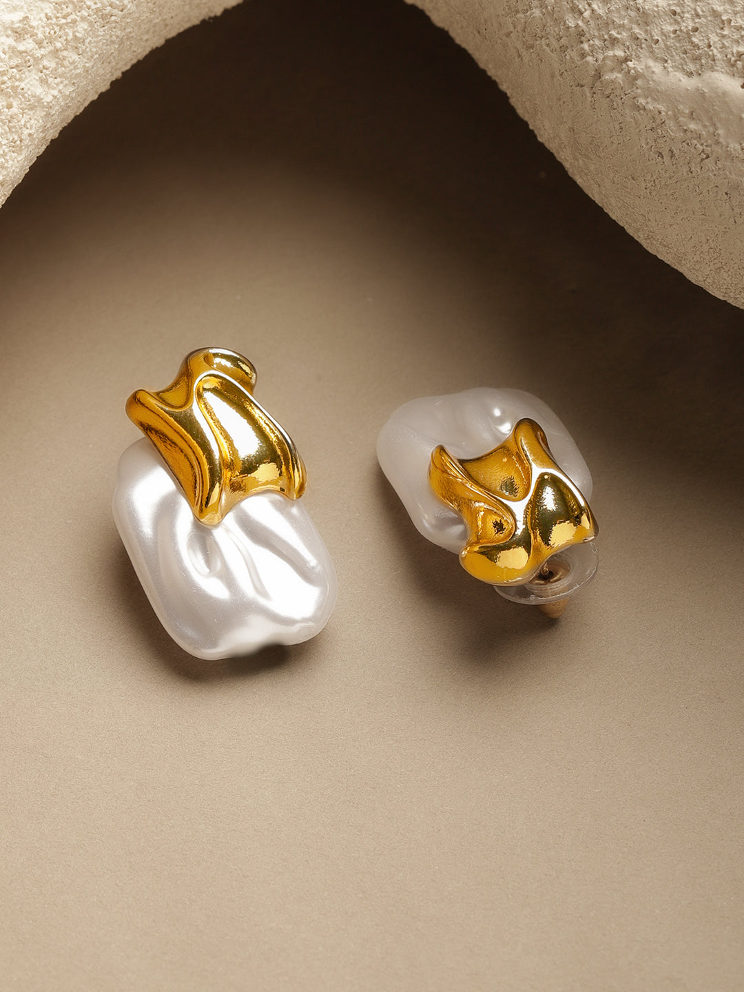 Rubans Voguish 18K Gold-Plated Brass Teardrop Molten Gold & White Pearl Drop Earrings