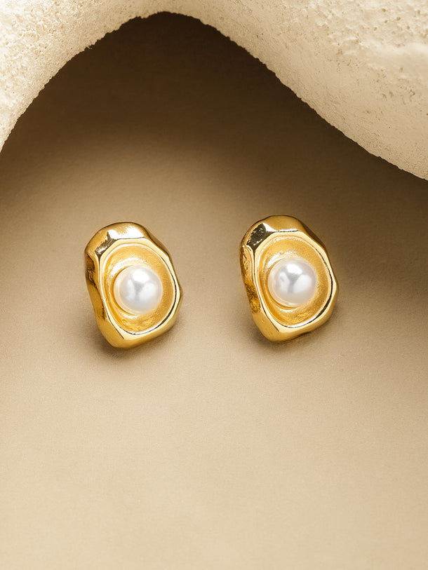 Gold Toned Pearl Stud Earrings