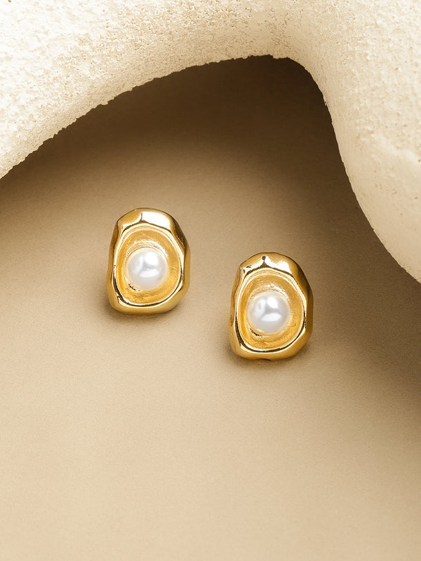 Gold Toned Pearl Stud Earrings