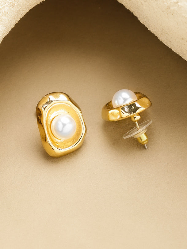 Gold Toned Pearl Stud Earrings