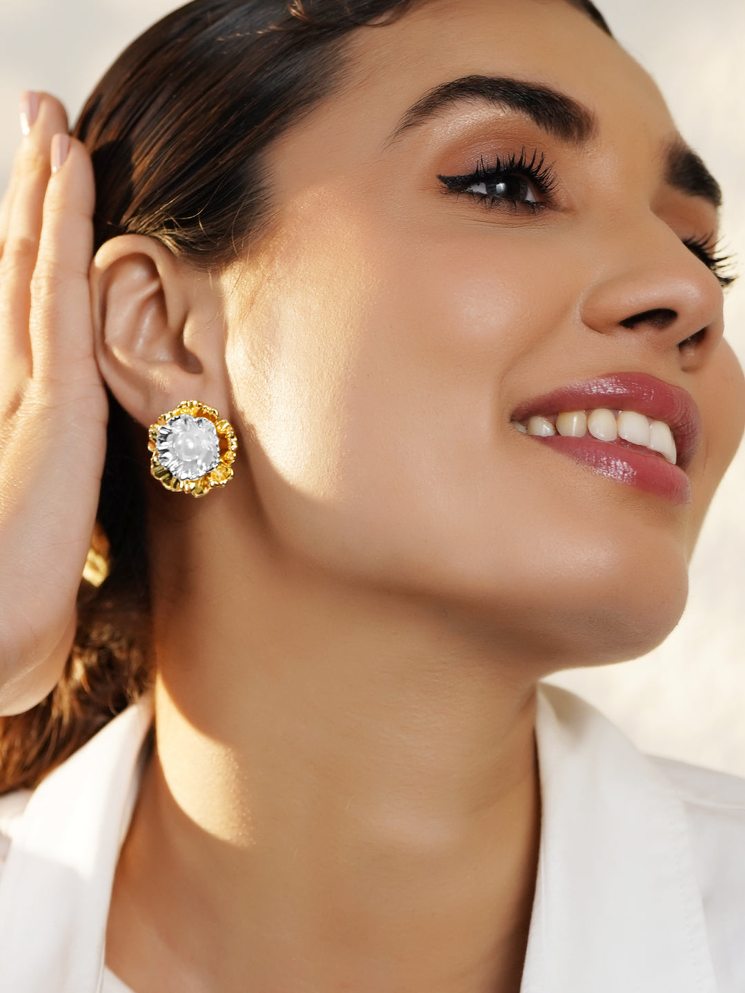 Rubans Voguish 18K Gold-Plated Dual-Tone White Pearl Oversized Sculptural Stud Earrings