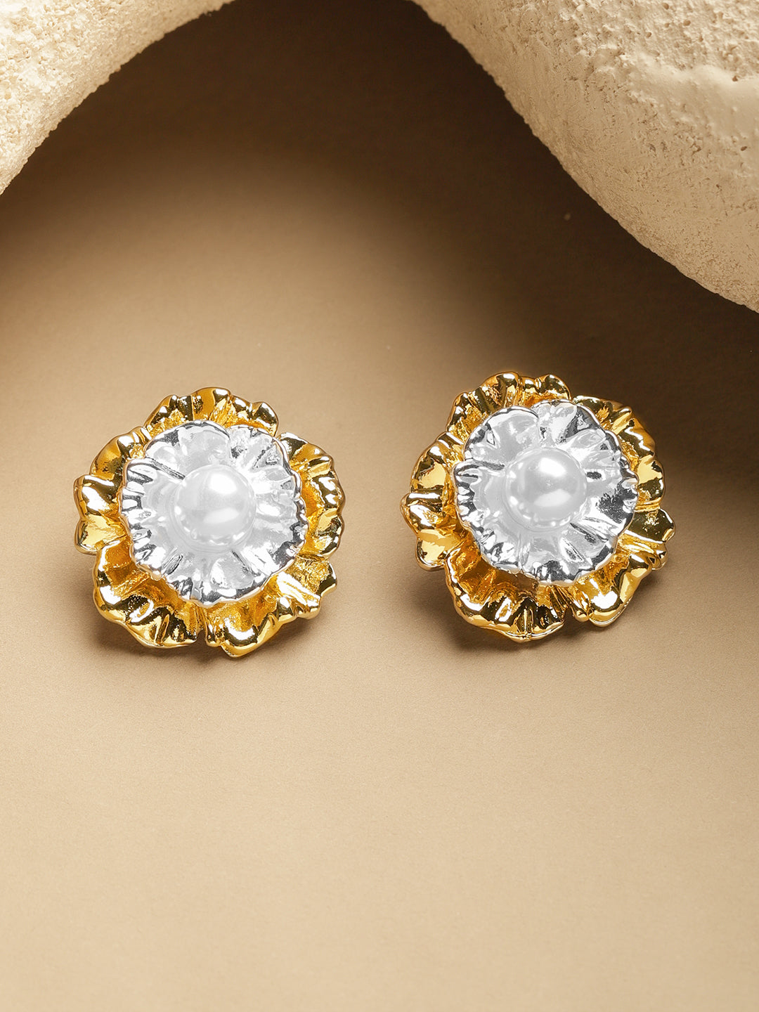 Rubans Voguish 18K Gold-Plated Dual-Tone White Pearl Oversized Sculptural Stud Earrings