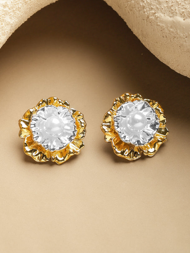 White & Gold Pearl Stud Earrings