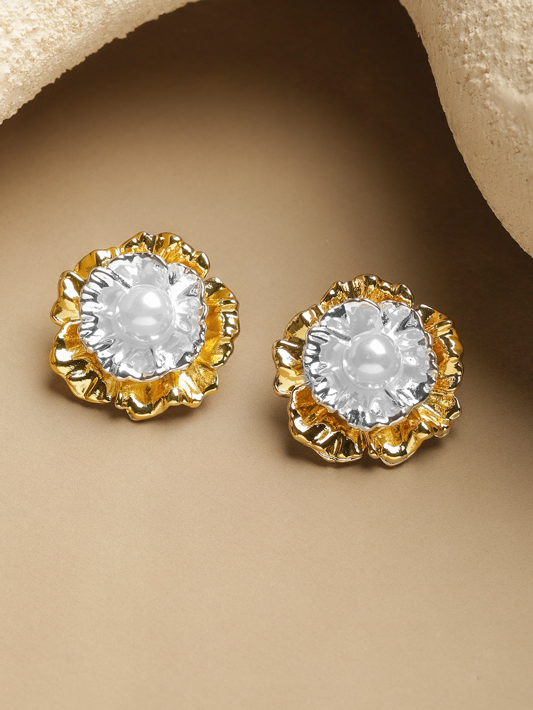 Rubans Voguish 18K Gold-Plated Dual-Tone White Pearl Oversized Sculptural Stud Earrings