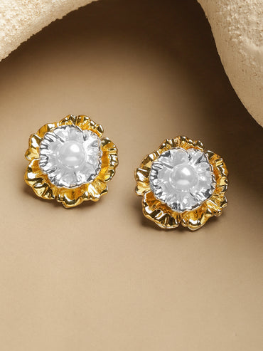 Rubans Voguish 18K Gold-Plated Dual-Tone White Pearl Oversized Sculptural Stud Earrings