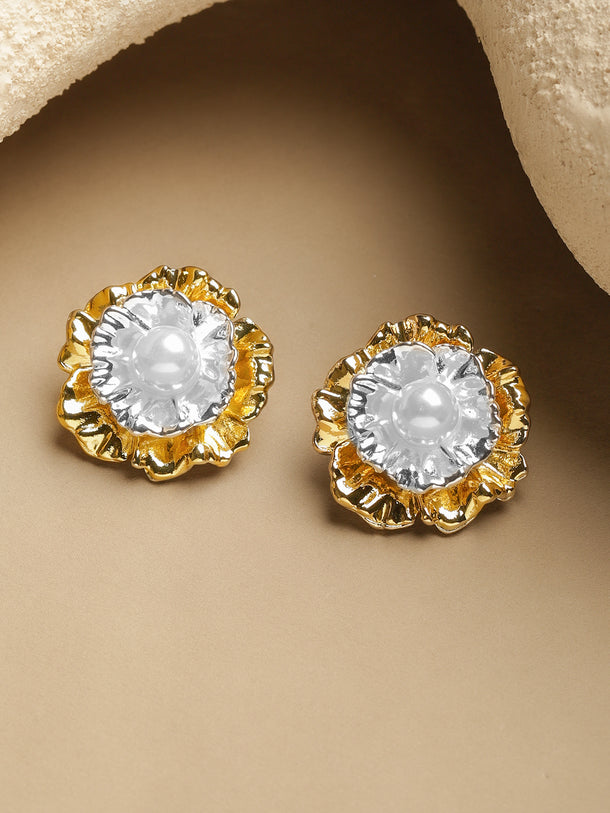 White & Gold Pearl Stud Earrings