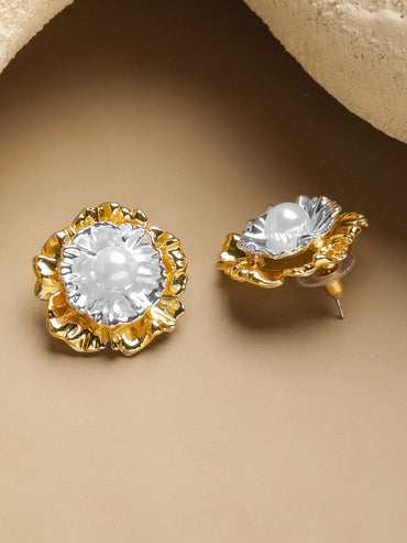 Rubans Voguish 18K Gold-Plated Dual-Tone White Pearl Oversized Sculptural Stud Earrings