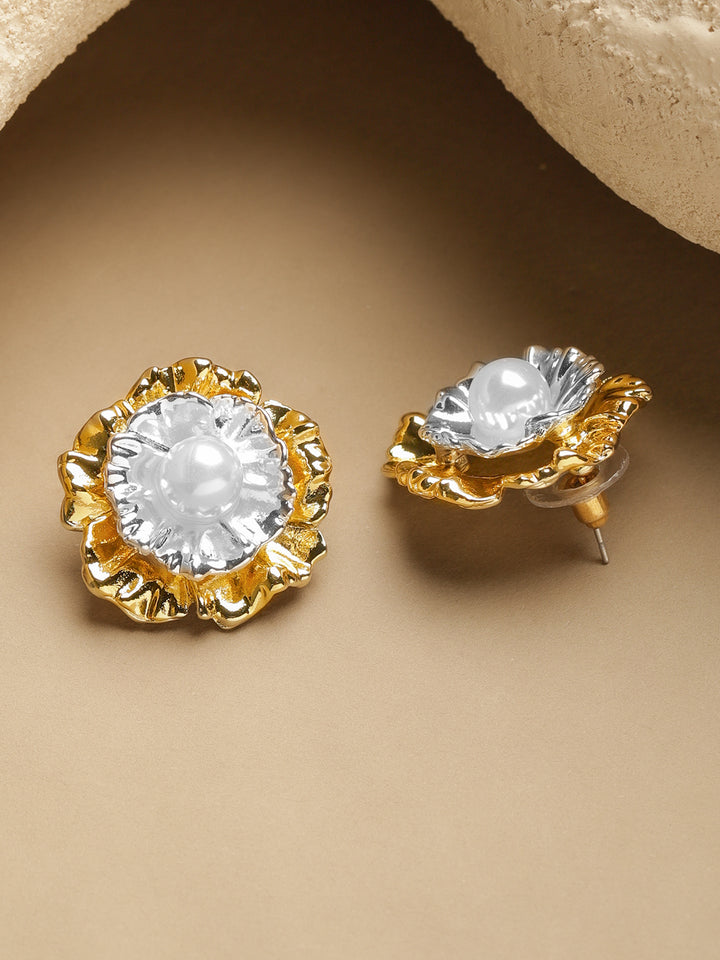 Rubans Voguish 18K Gold-Plated Dual-Tone White Pearl Oversized Sculptural Stud Earrings