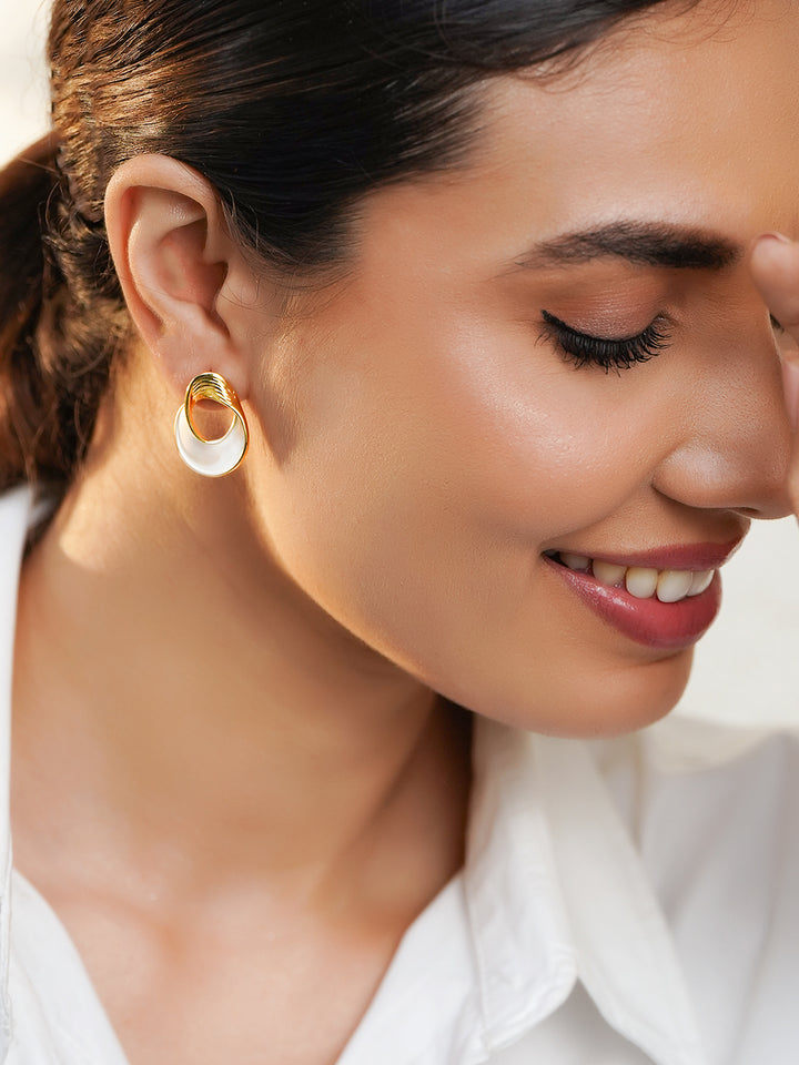 Rubans Voguish 18K Gold-Plated Stainless Steel Waterproof White Enamel Swirl Stud Earrings