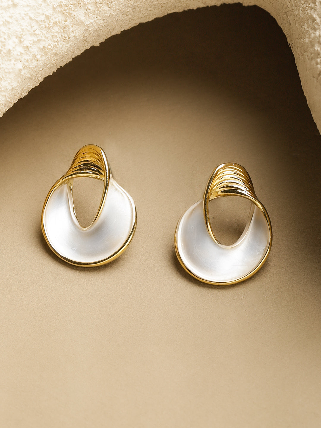 Rubans Voguish 18K Gold-Plated Stainless Steel Waterproof White Enamel Swirl Stud Earrings