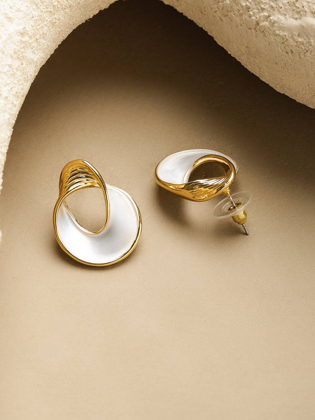 Rubans Voguish 18K Gold-Plated Stainless Steel Waterproof White Enamel Swirl Stud Earrings