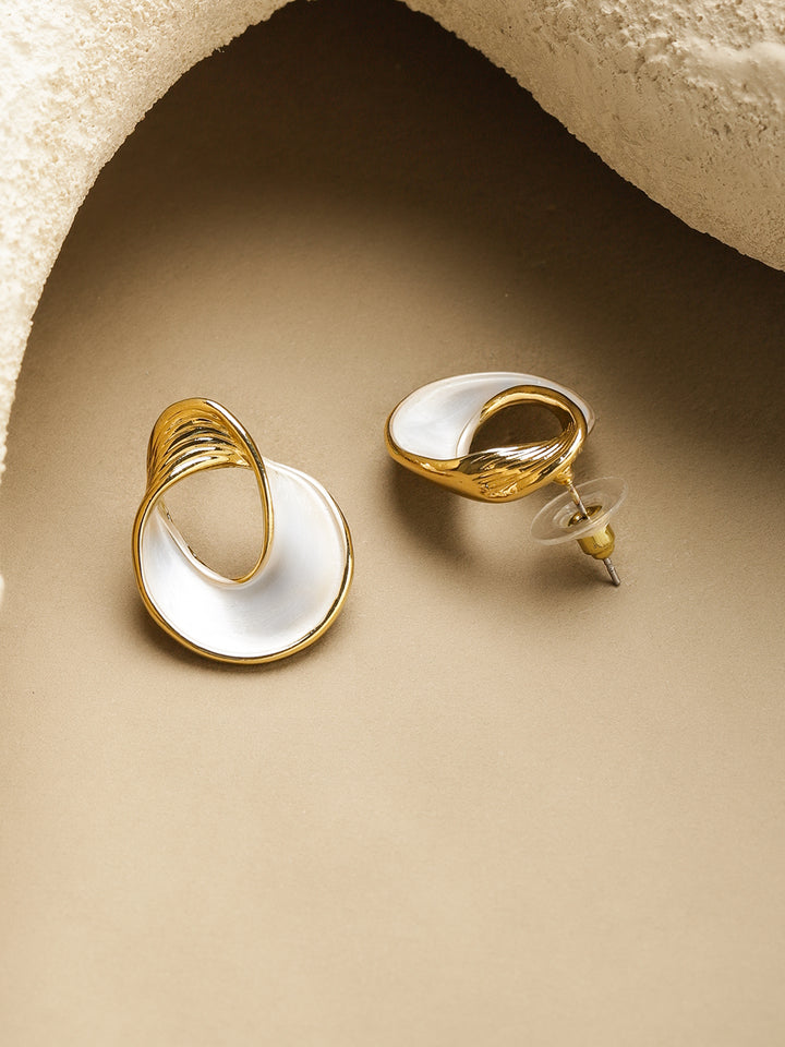 Rubans Voguish 18K Gold-Plated Stainless Steel Waterproof White Enamel Swirl Stud Earrings