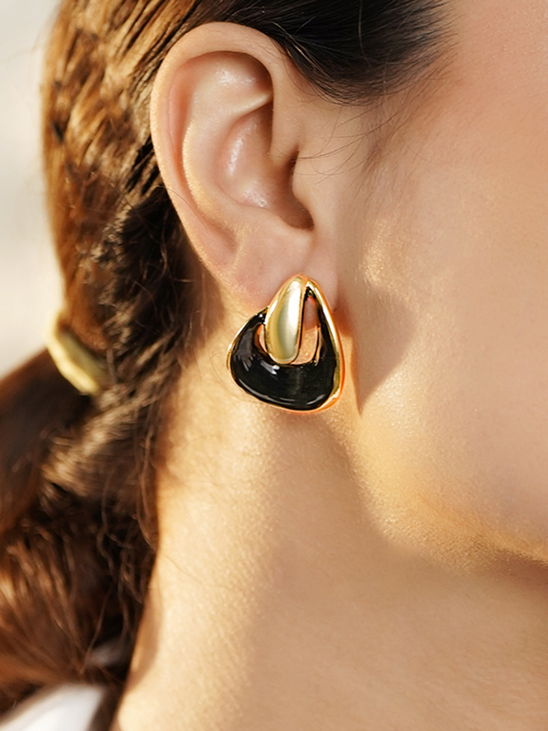 Rubans Voguish 18K Gold-Plated Stainless Steel Tarnish-Free Waterproof Black Enamel Studs