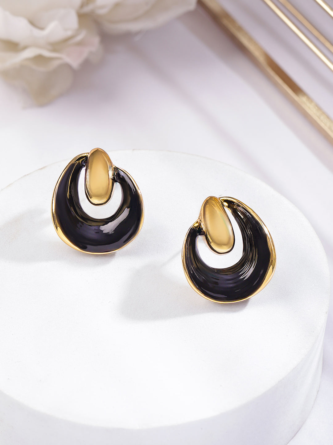 Rubans Voguish 18K Gold-Plated Stainless Steel Tarnish-Free Waterproof Black Enamel Studs