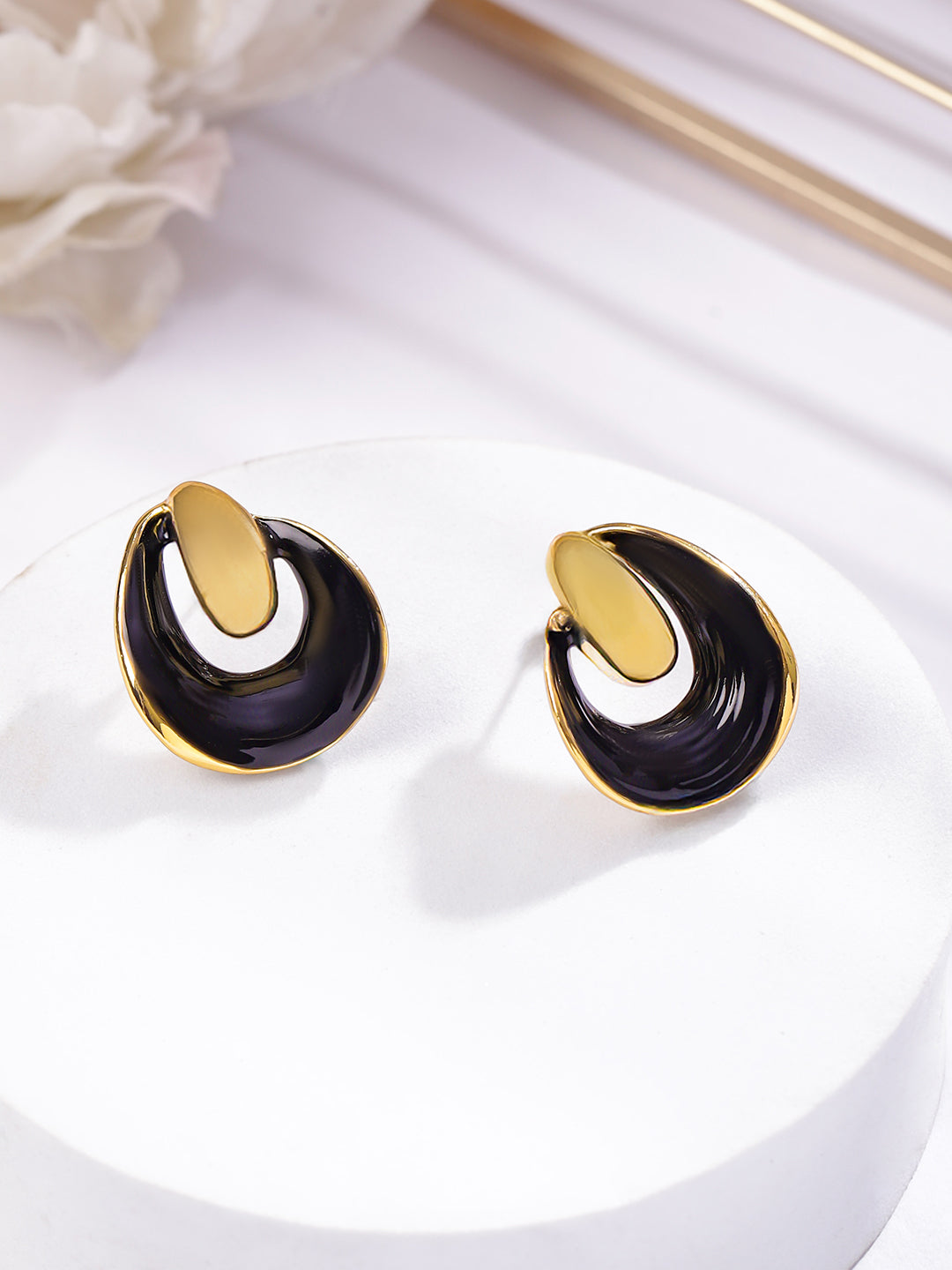 Rubans Voguish 18K Gold-Plated Stainless Steel Tarnish-Free Waterproof Black Enamel Studs