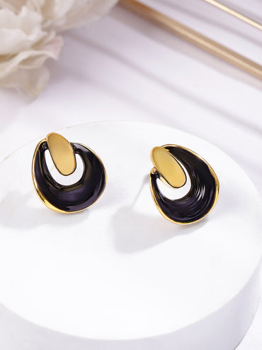 Rubans Voguish 18K Gold-Plated Stainless Steel Tarnish-Free Waterproof Black Enamel Studs