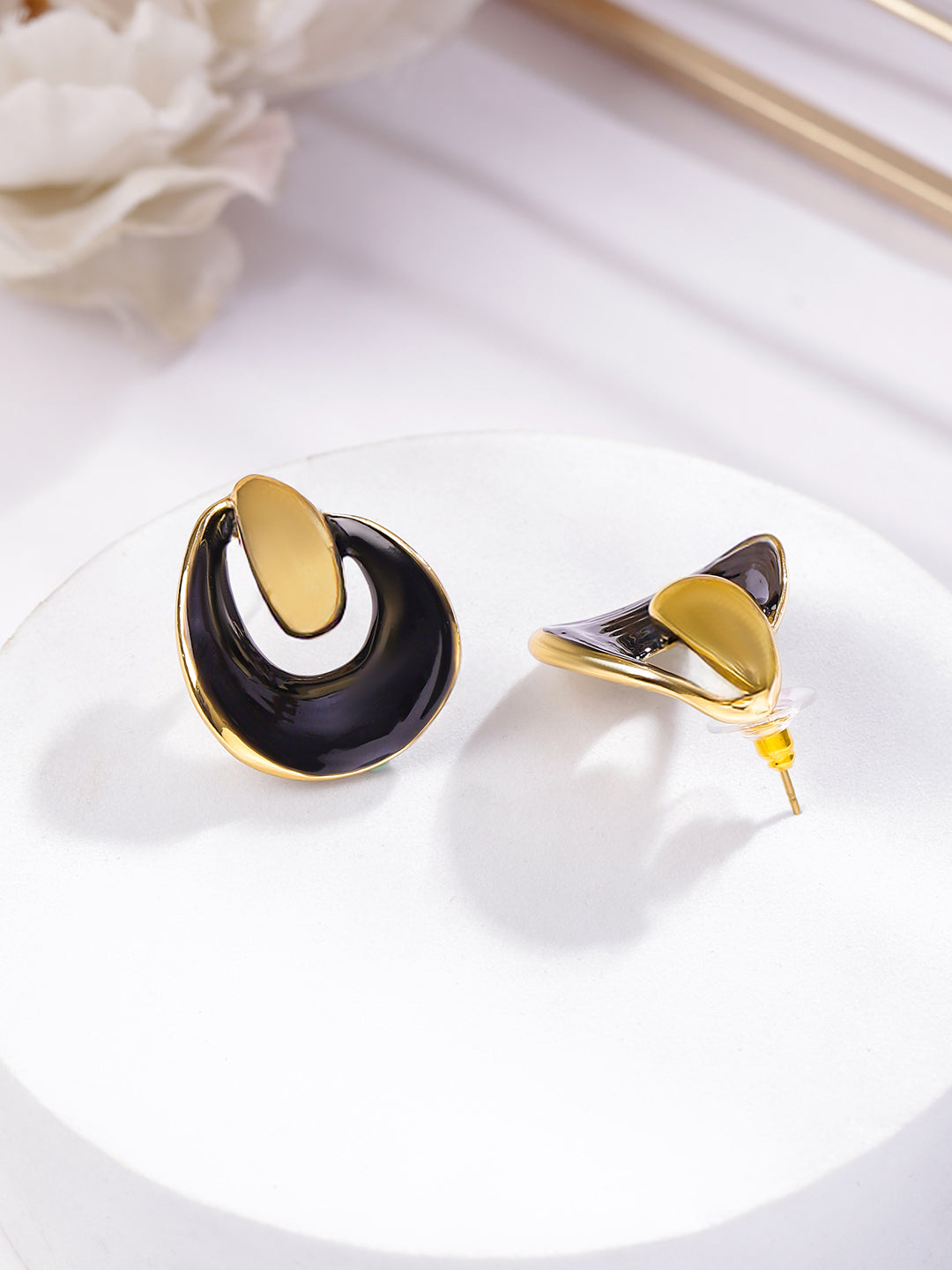 Rubans Voguish 18K Gold-Plated Stainless Steel Tarnish-Free Waterproof Black Enamel Studs