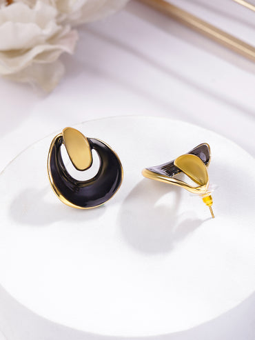 Rubans Voguish 18K Gold-Plated Stainless Steel Tarnish-Free Waterproof Black Enamel Studs