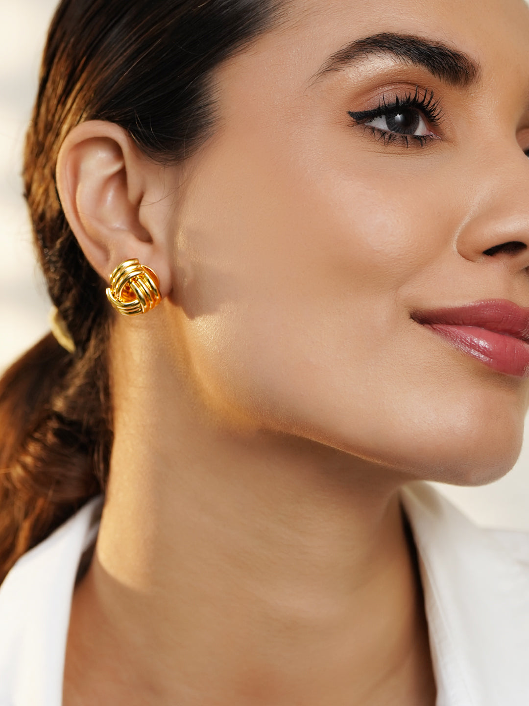 Rubans 18K Gold-Plated Classic Knot Stud Earrings with Glossy Finish